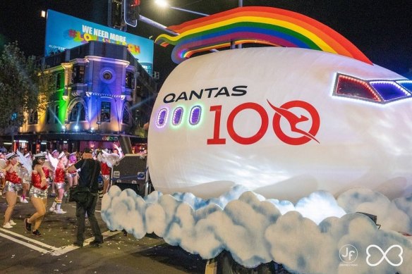 The Qantas float on Oxford Street during the 2020 Mardi Gras parade.