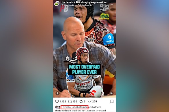 John Bateman “liked” a post about Jarome Luai being “the most overpaid player ever”.