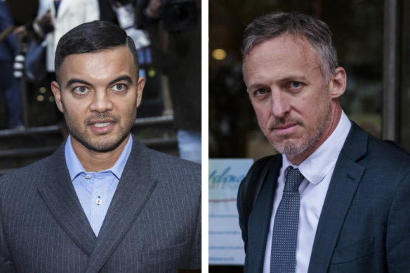 Guy Sebastian and Titus Day leave Downing Centre District Court during the trial.