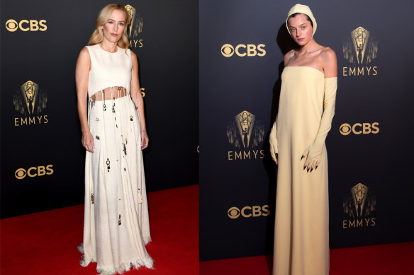 The Crown’s Gillian Anderson in Chloe and Emma Corrin in Miu Miu at the Emmys ceremony in London.