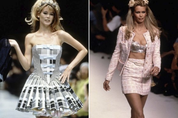 Claudia Shiffer in Versace in 1991 (left) and in Chanel in 1994.
