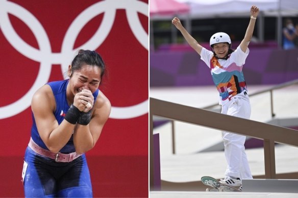 Gold medals for weightlifter Hidilyn Diaz and skateboarder Nishiya Momiji.