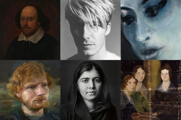 Clockwise from top left: John Taylor’s portrait of William Shakespeare, Lorenzo Agius’ David Beckham, Marlene Dumas’ Amy Winehouse,  Patrick Branwell Brontë’s Bronte sisters, Shirin Neshat’s Malala Yousif and Colin Davidson’s Ed Sheeran.
