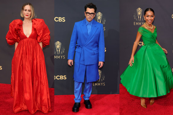 Sarah Paulson in Carolina Herrera, Dan Levy in Valentino haute couture and Yara Shahidi in Christian Dior at the Emmys.