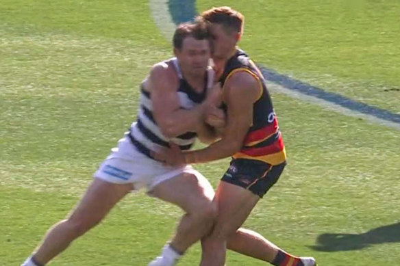 Geelong’s Patrick Dangerfield was banned for this bump on Adelaide’s Jake Kelly.