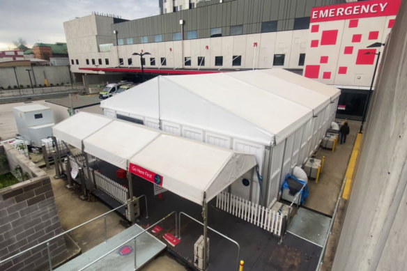 The tent outside Box Hill Hospital where some patients are being forced to wait.