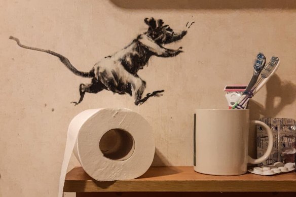 Banksy follows stay-at-home orders and makes bathroom art during coronavirus crisis.