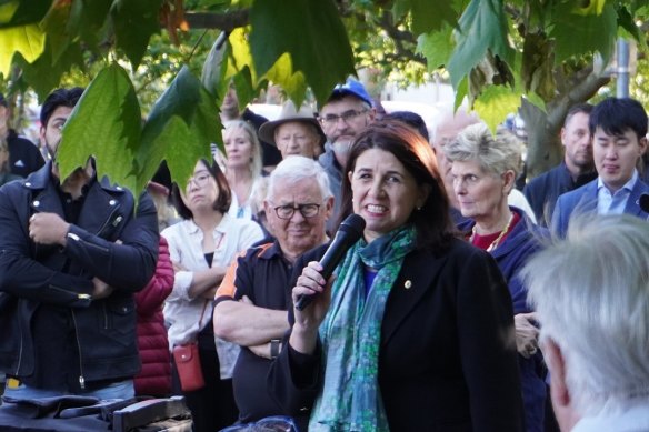 Liberal MP Ann-Marie Hermans addresses the protest in Berwick on Tuesday.