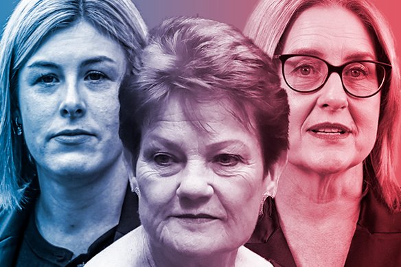From left: Jess Wilson, Pauline Hanson and Jacinta Allan. One Nation is gaining as the major parties lose ground ahead of the Victorian election.