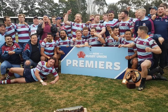 Charlie Gamble (front left), with the Petersham team after winning the Kentwell Cup. Gamble missed the final with injury.