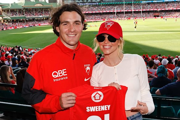 Actress Sydney Sweeney and injured Swans star Errol Gulden at the game against Melbourne earlier this month.