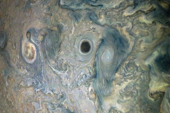 A vortex within a jet stream on Jupiter recorded in May, 2019 by NASA's Juno spacecraft. 