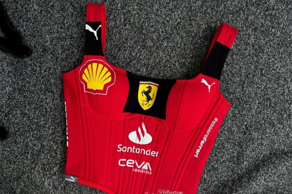 A custom corset made by content creator April Jean Libaton using Ferrari merchandise. @april_jean_reflection