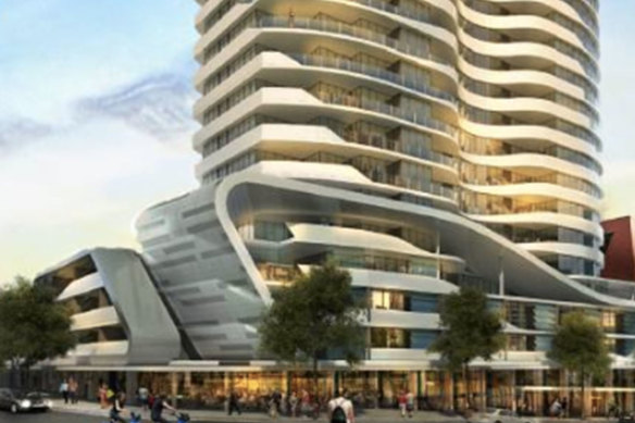 Wollongong’s Signature apartment building, billed as a “six star” complex developed by Srini Group.