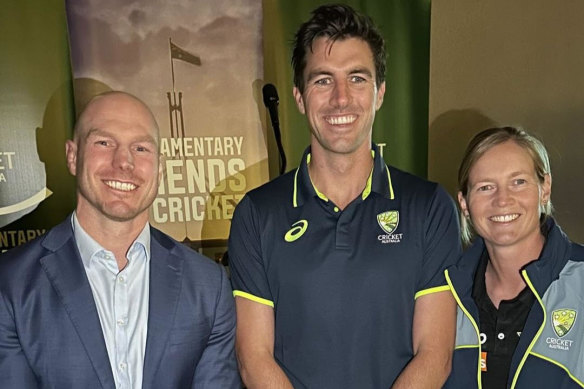 David Pocock with Australian men’s cricket captain Pat Cummins and former women’s captain Meg Lanning at the Parliamentary Friends of Cricket event at Parliament House on Wednesday night.