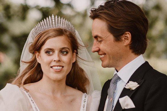 Princess Beatrice wears her grandmother’s Norman Hartnell couture gown on her wedding day along with Queen Mary’s Fringe Tiara.