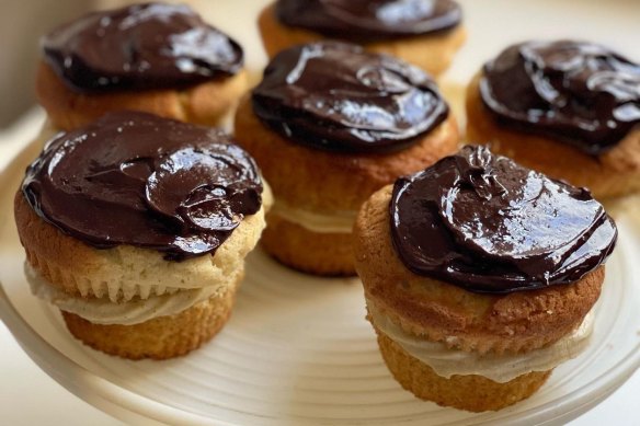 Boston cream cupcakes with coconut custard for Father’s Day afternoon tea!! [Helen Goh’s recipe from the July 25, 2020 issue.]