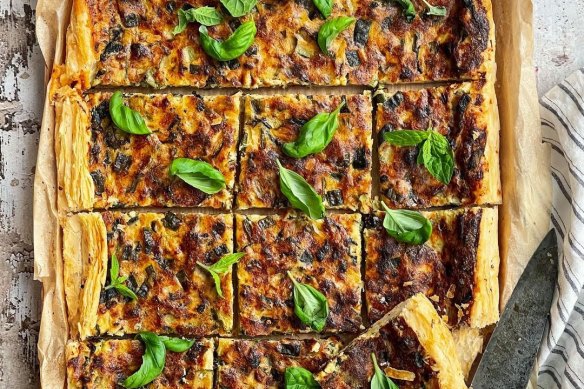 “Thin zucchini tart with basil and mint from Helen Goh in Good Weekend [February 18]. Easy and extremely delicious! I loved this tart, it was delicious eaten either warm or room temperature.”