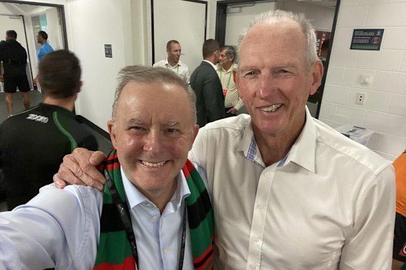 South Sydney diehard Prime Minister Anthony Albanese and Souths coach Wayne Bennett after a Rabbitohs game. 