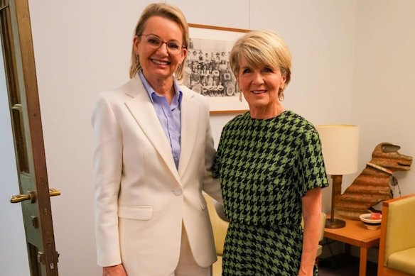 Former deputy Liberal Leader Julie Bishop (right) dropped in on new Liberal leader Sussan Ley.