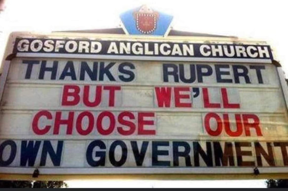 The sign outside Father Rod Bower’s Anglican Church in Gosford, NSW.