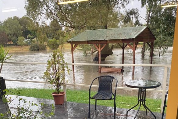 Floodwaters rise near a nursing home along Muttama Creek, Cootamundra, this morning.