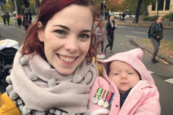 Annabelle Wilson and daughter Primrose at a previous Anzac Day ceremony in Melbourne.