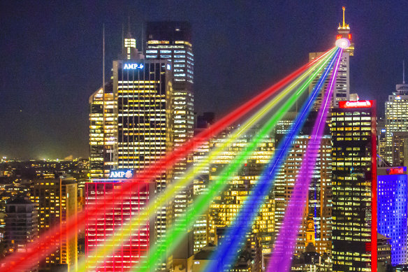 An artist’s impression of Yvette Mattern’s Global Rainbow, projected from the top of Sydney Tower.