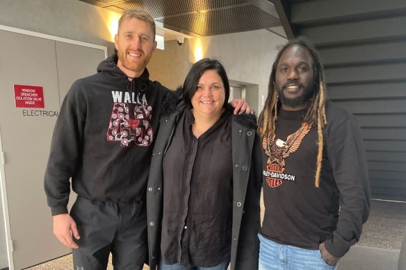 Anthony McDonald-Tipungwuti (right) on the day of his retirement announcement with Dyson Heppell and Bobbie Lee Blay (centre).