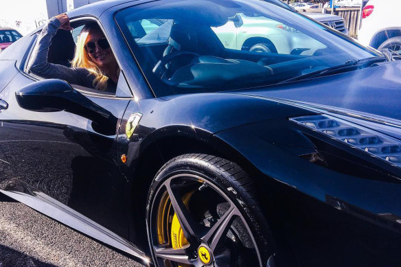 Areti Arvanitis driving a Ferrari described in an Instagram post by her personal trainer as "the perfect leg-day vehicle to get home after 3 PB performances".