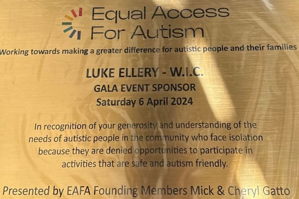 A sponsorship plaque for Women in Construction and Luke Ellery from Mick Gatto’s charity.