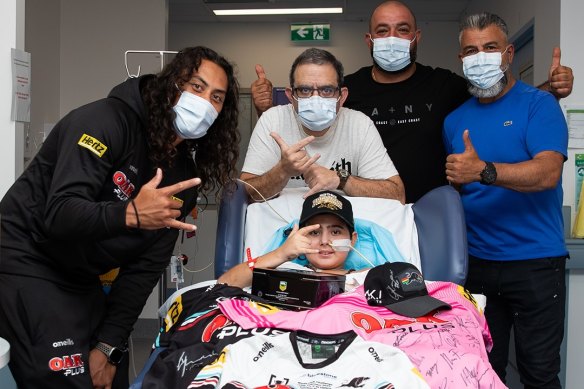 Panthers star Jarome Luai visits Sea World helicopter tragedy survivor Nicholas Tadros.