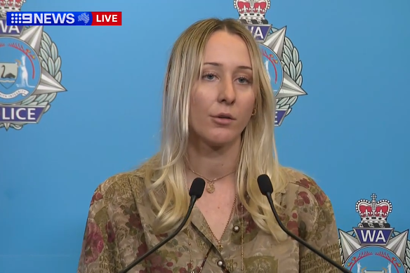 Ariel Bombara, the daughter of Floreat murderer Mark Bombara, speaks at a press conference on Friday regarding an internal investigation into WA Police’s handling of the tragedy.