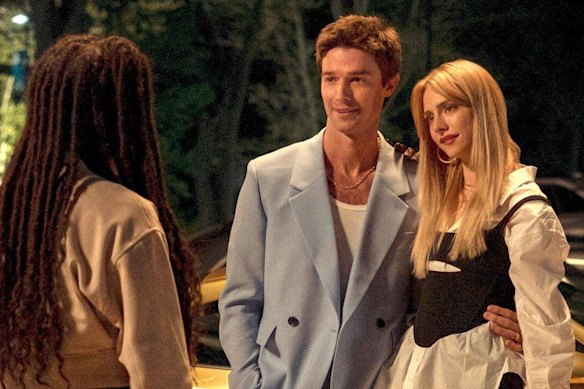 Patrick Schwarzenegger (centre) as Golden Boy in Gen V, with Maddie Phillips.