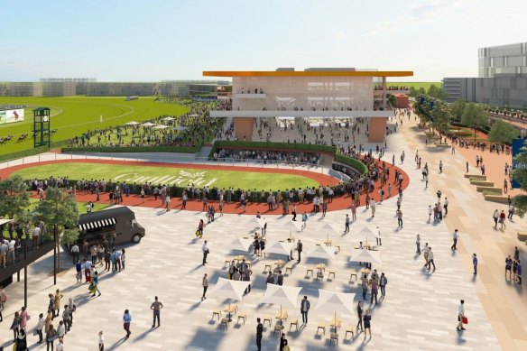 An artist’s impression of how a new grandstand could work with the new mounting yard at Caulfield.