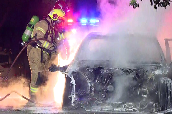 A car used in an attempted hit in Campsie in 2023 is burnt out.