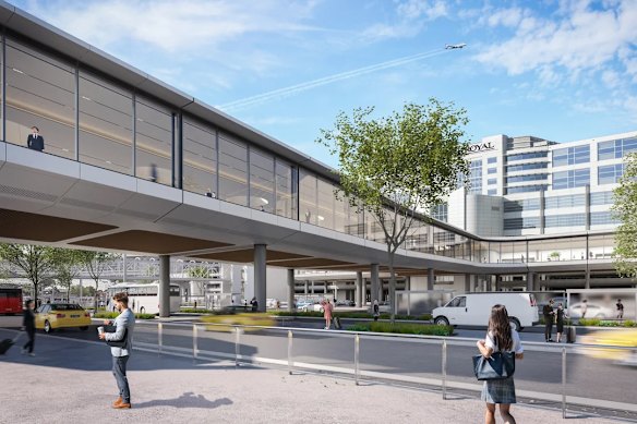 An artist’s render of the pedestrian bridge from the new drop-off and pick-up zones at Melbourne Airport.
