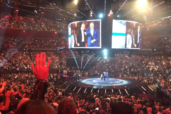 Newly elected prime minister Scott Morrison on stage before a Hillsong congregation in 2019, where he pledged to pursue religious discrimination laws.