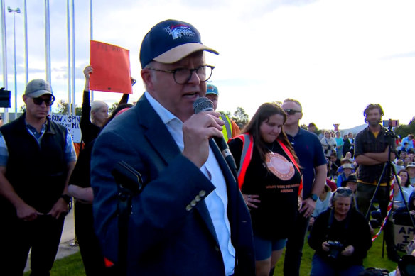 Anthony Albanese speaking at the rally in Canberra on Sunday. 