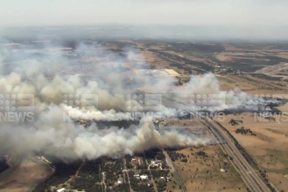 Aerial vision showing the scale of the fire burning in the Peel region.