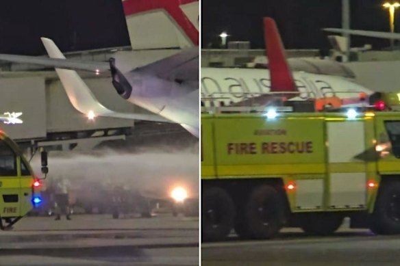 Firefighters contain the aircraft blaze at Brisbane Airport, as seen in these captures taken from Seven Network footage.