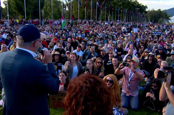 Prime Minister Anthony Albanese, who was urged to speak by a large part of the crowd, began his speech by saying the organisers had said they did not want him to speak.