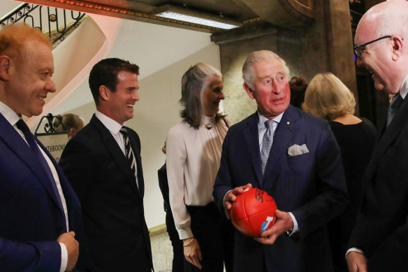In the only known picture of the businessman and the royal together, Anthony Pratt (left) talks football with the then Prince Charles and Australia’s then high commissioner to the UK, George Brandis, at Australia House in London in 2018.