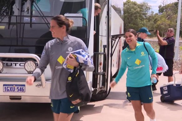 Matildas captain Sam Kerr arrives at training in Perth on Tuesday.