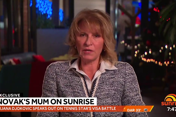Novak Djokovic’s mother Dijana Djokovic on Channel Seven’s Sunrise program on Wednesday.