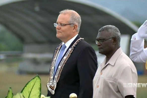 Prime Minister Scott Morrison with the Solomons Islands leader Manasseh Sogavare.