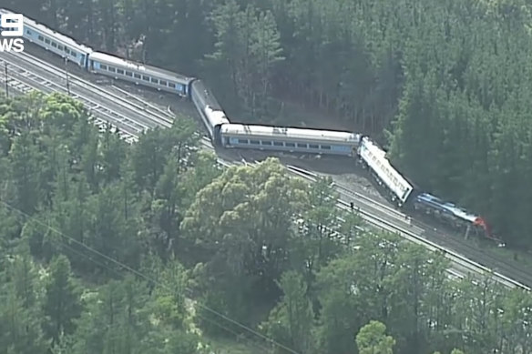 Aerial shots of the XPT train derailment.
