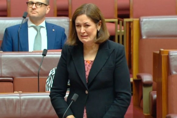 Victoria senator Sarah Henderson breaks down in tears. 