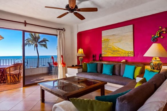 The apartment has a very colourful interior.