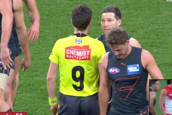 A catalyst moment – Toby Greene (at back) bumping into Matt Stevic last year.